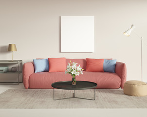 Contemporary modern interior with salmon red sofa