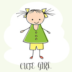 Cute little girl. Hand drawing in funny kids style. Design element for decoration souvenirs, cards, poster, banner. Imitation drawing child. Doodles. Vector illustration isolated on white background.