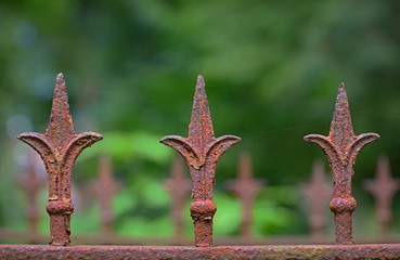 Detail of an old rusty fence with three fleur-de-lis