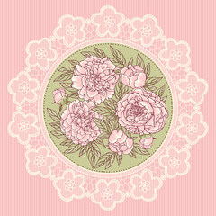 Template greeting card or invitation with peony. Freehand drawing