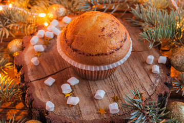 Christmas Cupcakes on Wooden Background. Horizontal.