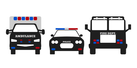 Fire car, Ambulance and Police car. Elements of the 911 emergency services. Vector Illustration.