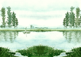 Lake, the sky, the trees on the horizon - the landscape. Poster. 