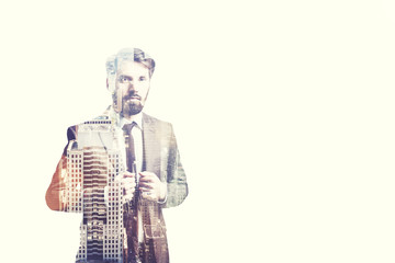 Bearded businessman and a brown cityscape