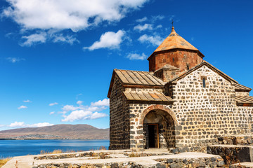Fototapeta na wymiar Scenic view of an old Sevanavank church in Sevan, Armenia