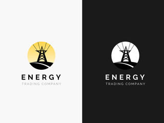 Energy company logo. High voltage tower on a yellow sun background