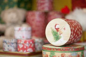Christmas Gift round box closeup on the blurry background