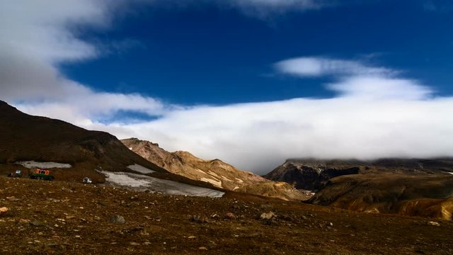 Time Lapse. The movement of clouds over the canyon of Mutnovsky volcano. Kamchatka, Russia.