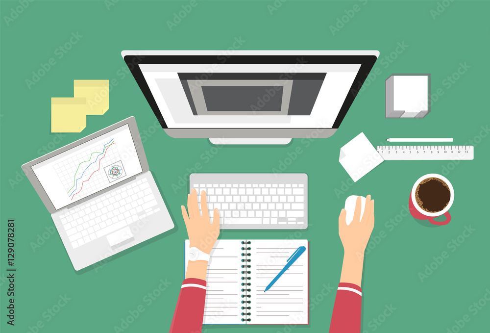 Poster human female hands typing on the computer keyboard using laptop and notebook for work or learning. e
