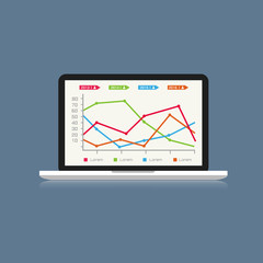 Computer laptop with  business graph.flat vector design illustra