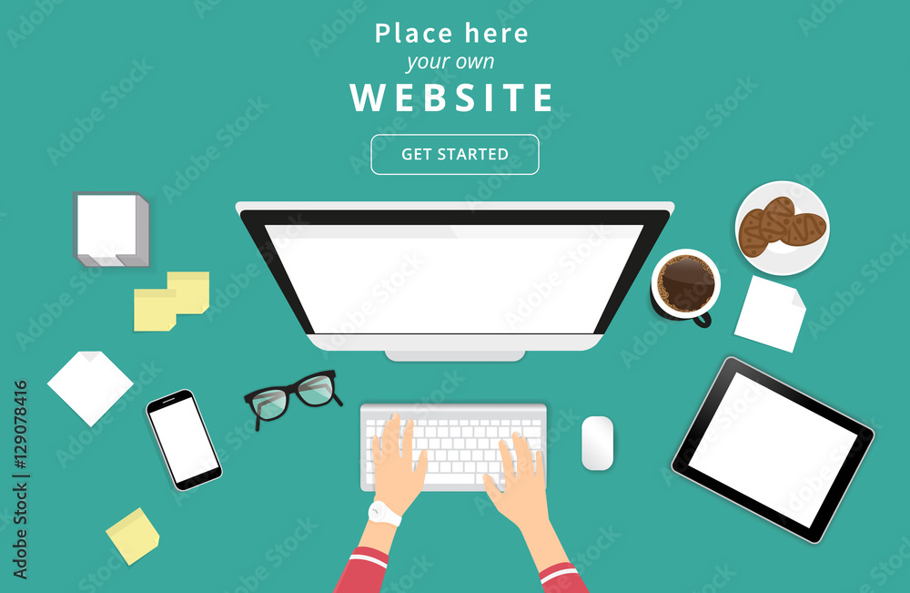 Poster human female hands typing on the computer keyboard using smartphone and tablet pc with white screen.