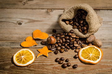 bag with coffee beans and Christmas attributes