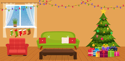 Fototapeta na wymiar Christmas room interior with sofa, writing desk and green Christmas tree by the window.