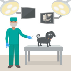 Veterinarian with a dog in a medical office. Vaccination for dogs. Vector illustration. 
