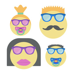 Four smiles for family. Smiley woman in sunglasses with lipstick, man with moustache and children with nipple. Vector illustration.