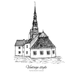 Fototapeta premium Vintage wektor szkic płytki stary dwór europejski, wieża, historyczny budynek linii sztuki grawerowanie na białym tle, pocztówka turystyczna, szablon kalendarza, pomysł strony z europejskich domów, ilustracja książek
