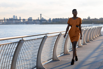 Young african fashionable businesswoman walking outdoor, New York, Manhattan view, skyline
