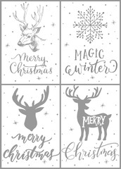 Set of four Christmas cards with deer and lettering vector.