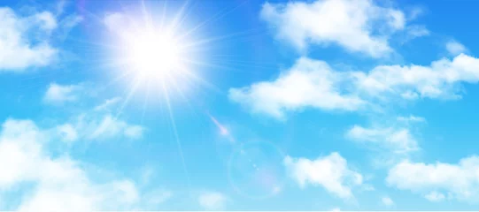 Poster Sunny background, blue sky with white clouds and sun © Cobalt