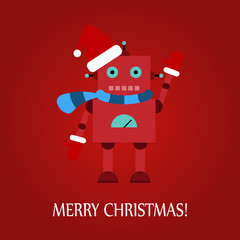 Naklejka na ściany i meble Christmas greeting card with a toy robot on a red background