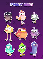 Funny cartoon style bird stickers