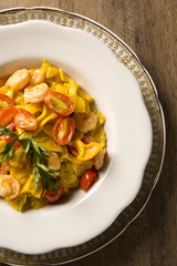 Pumpkin farfalle with shrimp and cherry tomato
