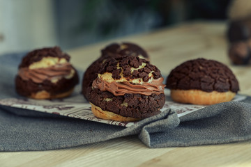 Stack of Chocolate chip cookies on wooden background