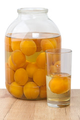Canned apricots in jar and glass