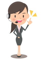 ヘッドセットをつけて説明する女性会社員