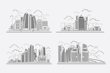 Fototapeta premium Line drawing skyscrapers, vector contour cityscape elements