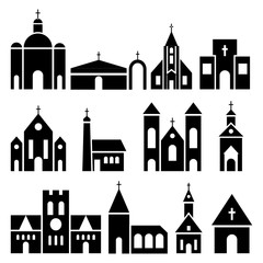 Church building icons. Vector basilica and chapel silhouettes