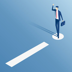 Businessman standing on white exclamation mark isometric illustration. Business concept