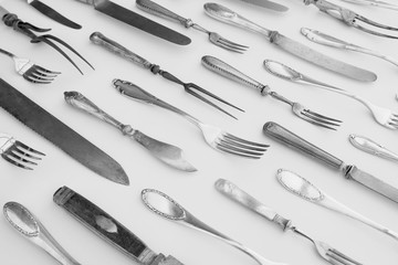beautiful silver cutlery - vintage flatware isolated on white ba