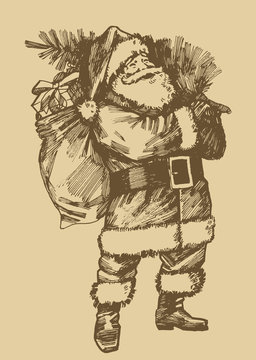 santa claus etching style drawing. vintage style christmas card.
