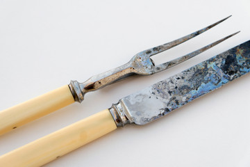 Antique carving knife and fork set - vintage cutlery - corroded  