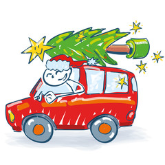Weihnachtsmann transportiert Weihnachtsbaum
