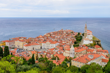 Panoramic view of Adriatic sea and city of Piran in Istria, Slovenia.