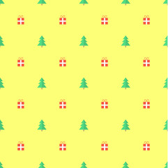 Green Christmas tree and gifts on yellow background