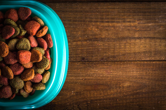 dog food in a bowl on wooden background