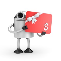 Robot with gift card. 3d illustration
