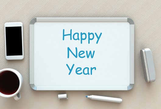 Happy New Year, message on whiteboard, smart phone and coffee on table, 3D rendering