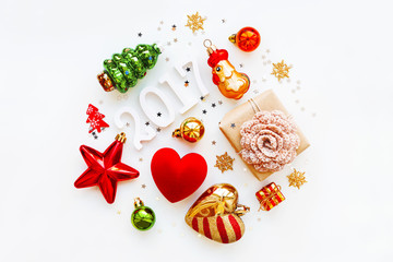 Christmas and New Year 2017 background with decorations, shaped as a circle. Symbol of year - Fire...