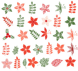 Winter and Christmas flowers, leaves and branches in red and green colors with abstract geometric shapes and snowflake texture