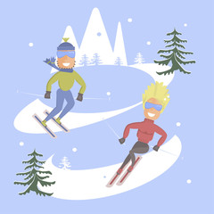 Comic concept flat design. People skiing. Skis isolated, skier and snow, season in mountain, cold downhill, recreation lifestyle, activity speed winter sportextreme illustration