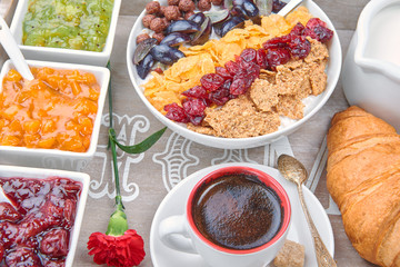 French breakfast on a wooden tray