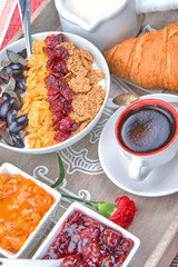 French breakfast on a wooden tray