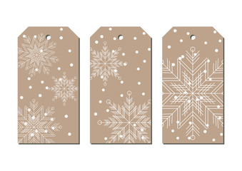 New year and Christmas craft paper color tags with snowflakes on white background