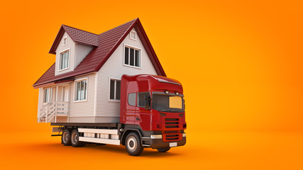 Obraz premium moving a house with a truck. 3d rendering