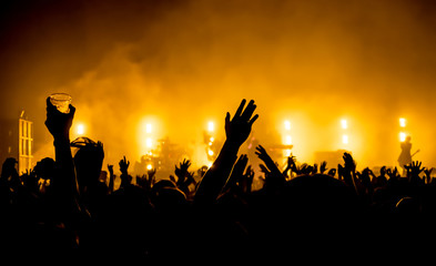 Obraz na płótnie Canvas silhouettes of concert crowd in front of bright stage lights