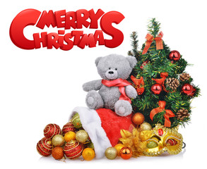 composition with teddy bear christmas tree and santa claus bag